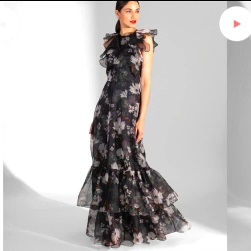 Shoshanna midnights flutter sleeve black floral organza dress
